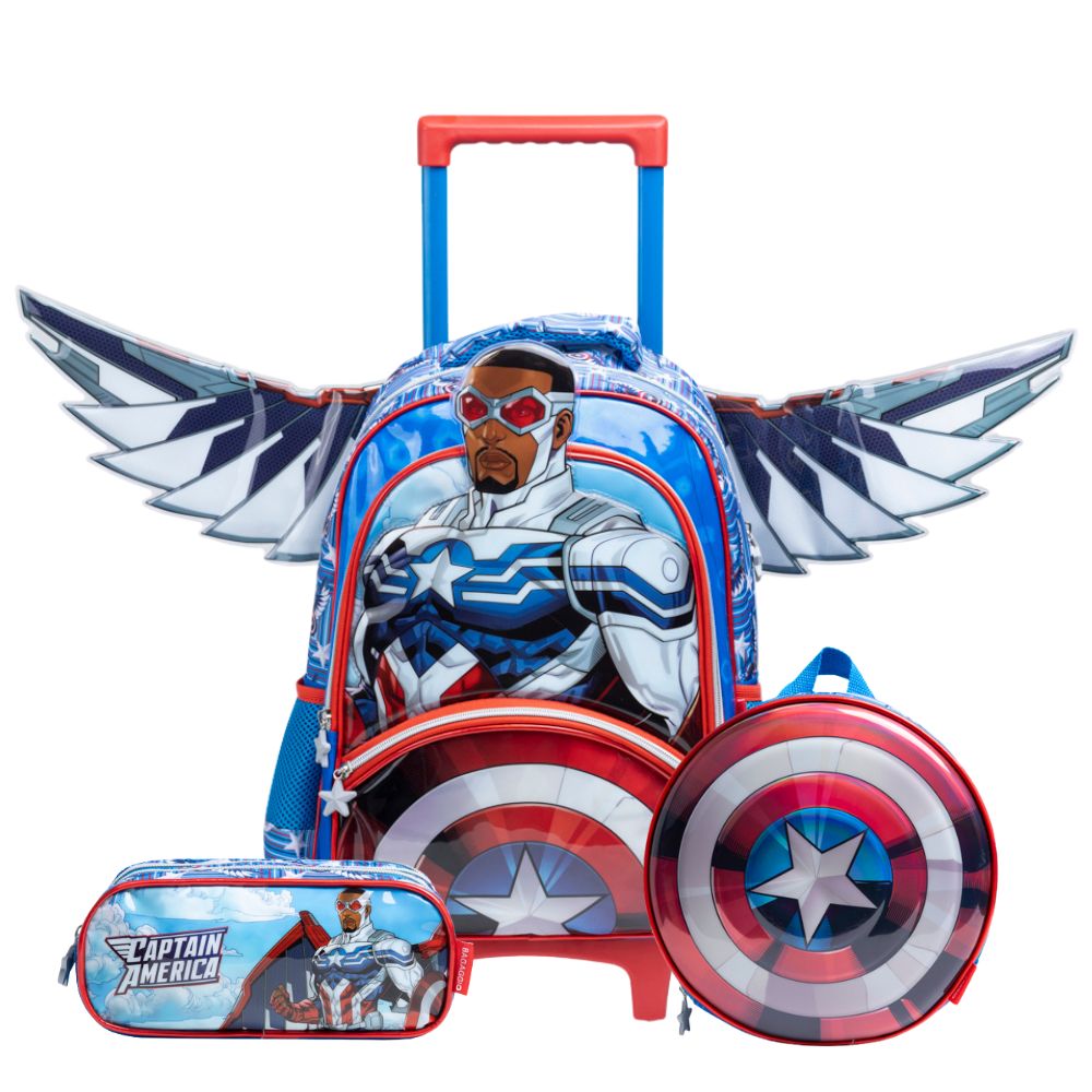 Kit Mochila Infantil de Carrinho + Lancheira Térmica + Estojo Capitão América com Asas Removíveis
