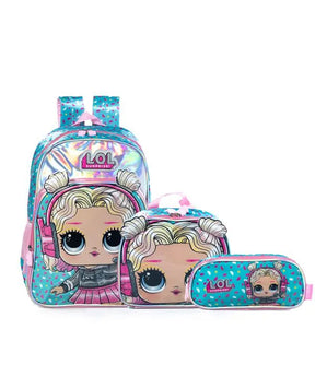 Kit Mochila Escolar LOL com Lancheira e Estojo Premium Verde Claro