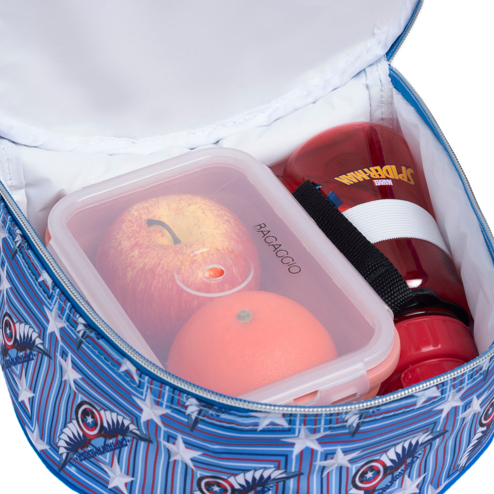 Kit Mochila Infantil de Carrinho + Lancheira Térmica + Estojo Capitão América com Asas Removíveis