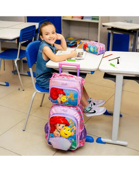 Kit Mochila de Rodinha + Lancheira Térmica + Estojo Infantil Feminino Ariel e Linguado – Rosa