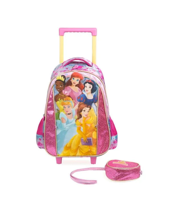 Kit Mochila de Rodinha + Lancheira Térmica + Estojo Infantil Feminino Princesas – Rosa