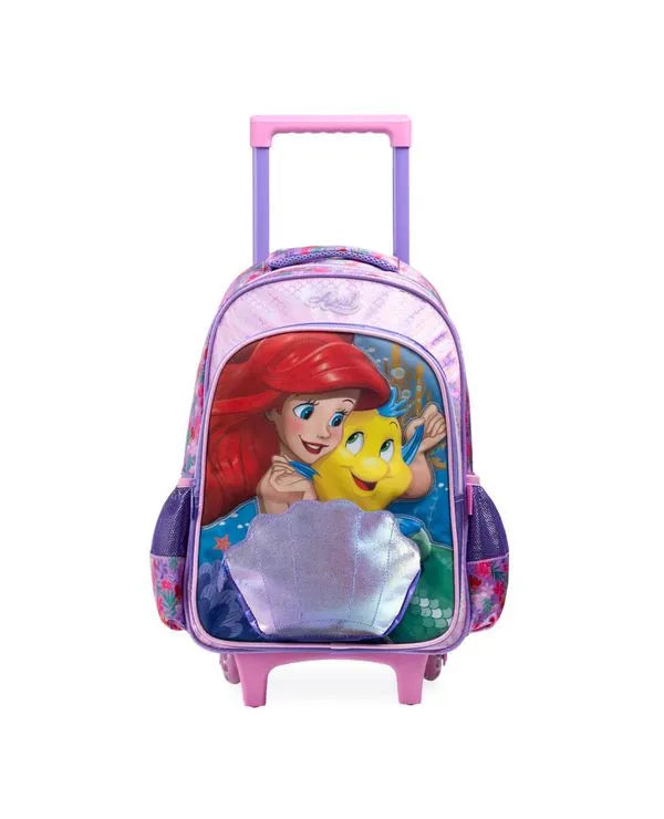 Kit Mochila de Rodinha + Lancheira Térmica + Estojo Infantil Feminino Ariel e Linguado – Rosa