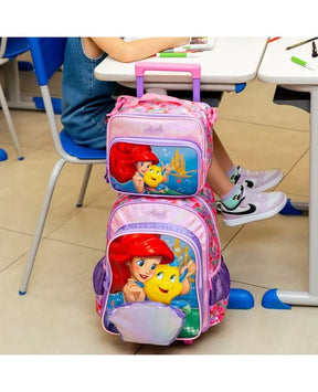 Kit Mochila de Rodinha + Lancheira Térmica Infantil Feminina Ariel e Linguado – Rosa