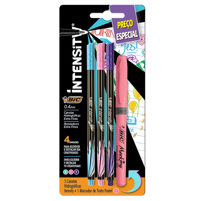 Kit Escrita BIC Intensity com Canetas 0,4 mm e Marca-Texto Rosa – 4 Itens