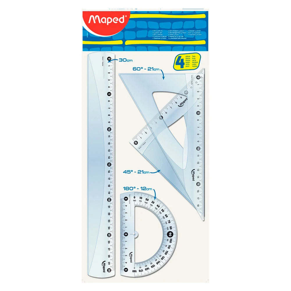 Kit Geométrico Maped Classic 4 Peças com Régua, Esquadros e Transferidor