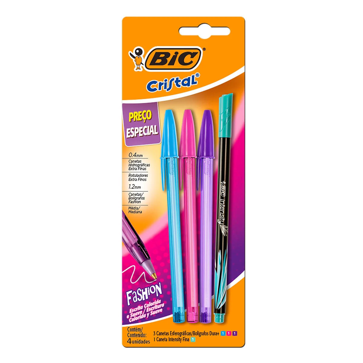Kit Escrita Cristal Fashion + Intensity BIC – 4 Unidades (3 Canetas Fashion 1,2mm + 1 Intensidade 0,4mm)