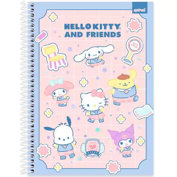 Caderno Universitário Hello Kitty e Amigos Spiral 80 Folhas - Capa Dura Hotstamping