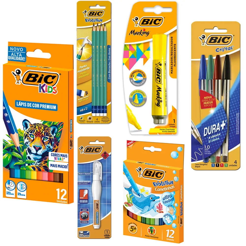 Kit Escolar BIC Fundamental II com Canetas, Lápis, Corretivo e Marca Texto