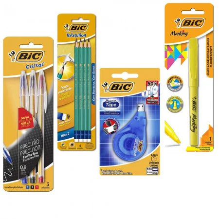 Kit Papelaria BIC com Canetas, Lápis, Fita Corretiva e Marca Texto