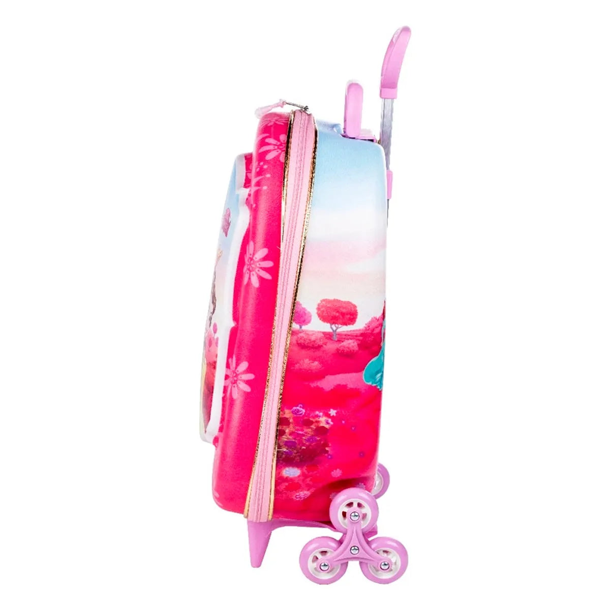 Mochila Escolar com Rodinhas Tripla 3D Princesas Rosa Diplomata