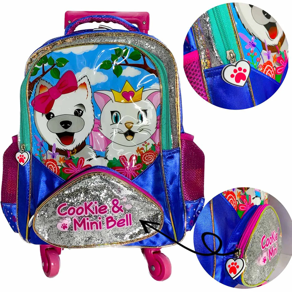 Mochila Escolar Infantil com Rodinhas 360° Gatinhos Azul – Winth